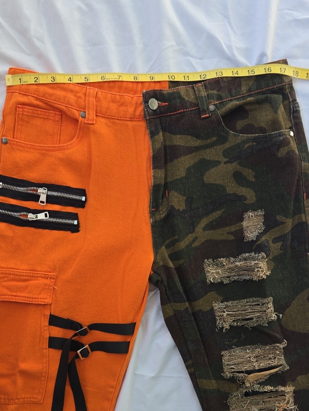 Men's Funky Jeans 2 Tone, One Leg Orange, Other Leg Green Camo Front/Back, - Picture 3 of 9